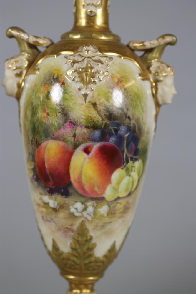 A MATCHED PAIR OF ROYAL WORCESTER CHINA VASES, 1912 and 1913, of slender ovoid form with arcade - Image 3 of 6