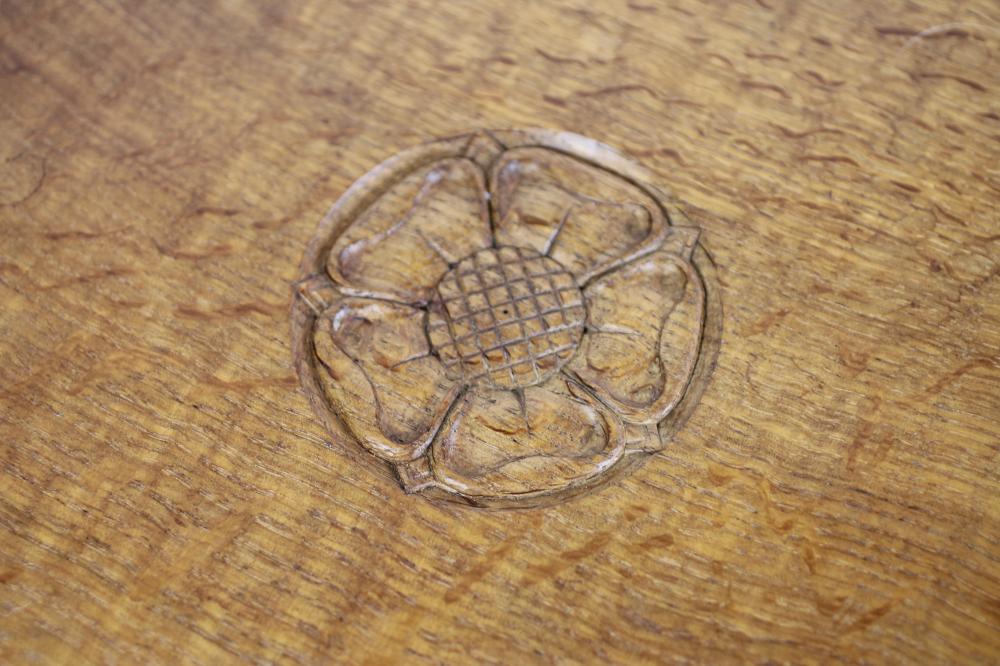 A MALCOLM PIPES ADZED OAK BOX of oblong form, the hinged lid centred by a carved Yorkshire Rose, - Image 2 of 5