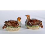 A PAIR OF MEISSEN PORCELAIN SMALL TUREENS AND COVERS, 19th century, modelled as partridge sitting on