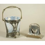 AN ART NOUVEAU WMF ICE BUCKET, the pale opaque dimpled glass liner supported in a flared cylindrical