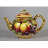 A ROYAL WORCESTER CHINA TEAPOT AND COVER, 1926, of globular form, painted in polychrome enamels by