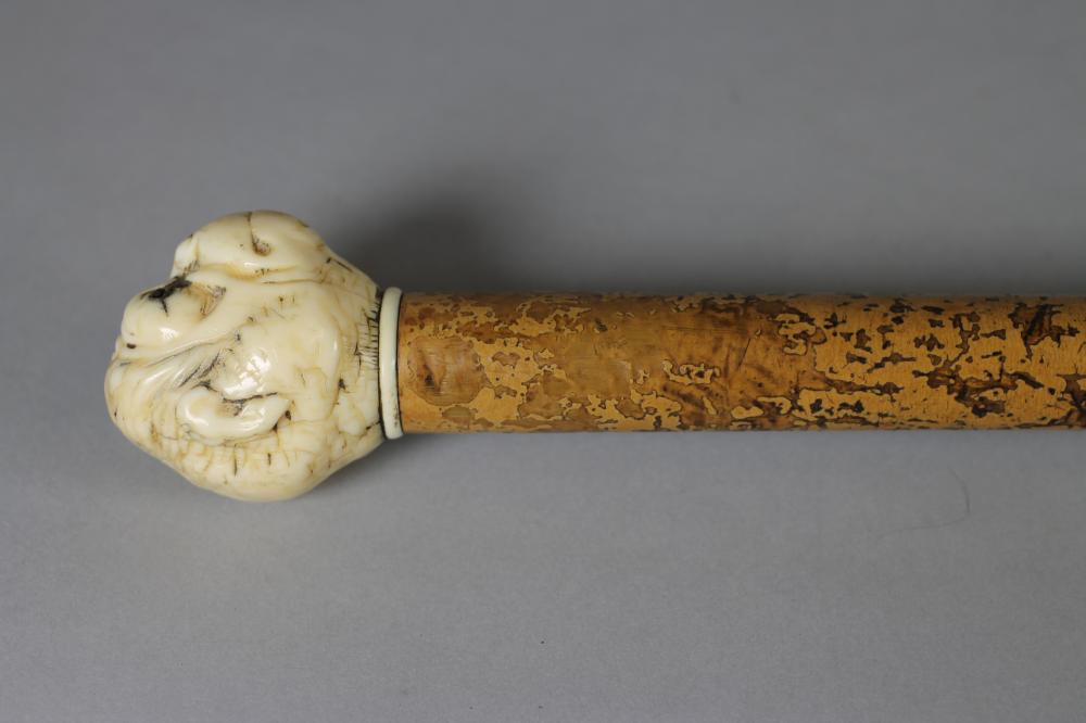 A VICTORIAN WALKING STICK, the malacca shaft with copper tip, carved ivory grip as a monkey head - Image 2 of 2