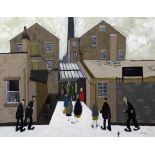 GEOFFREY WOOLSEY BIRKS (1929-1993), Figures at a Factory Entrance, oil on board, signed and dated (