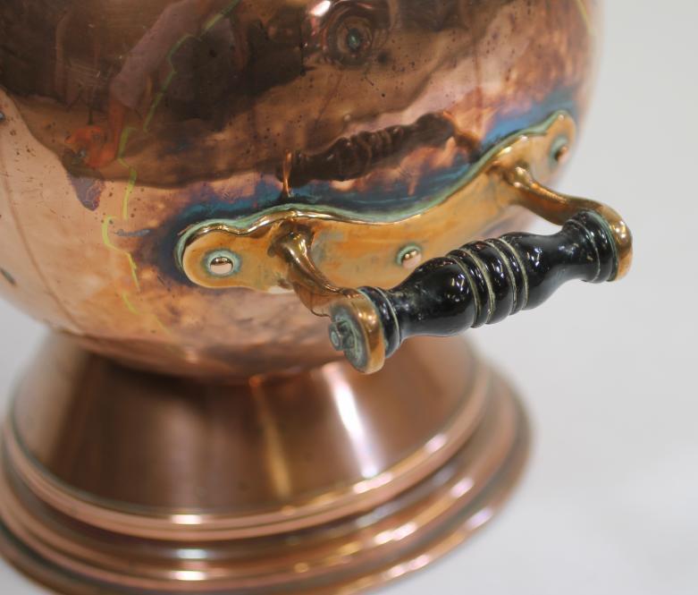 A VICTORIAN COPPER COAL SCUTTLE of helmet form, the loop handles with turned ebonised grips, on - Image 5 of 6