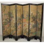 A CHINESE BLACK LACQUERED FOLDING ROOM SCREEN, 19th century, of oblong six panel form, the stiffened