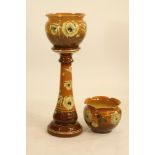 TWO SIMILAR ART NOUVEAU RAVISSANT EARTHENWARE JARDINIERES AND A STAND, the graduated baluster