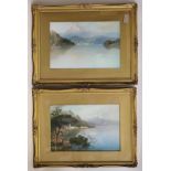 JOHN SHAPLAND (1865-1929), Italian Lake Scenes, a pair, gouache, signed, 14" x 21", gilt gesso