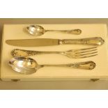 A FRENCH SILVER FOUR PIECE FLATWARE SET, maker St. Medard, modern, with foliate scroll double struck