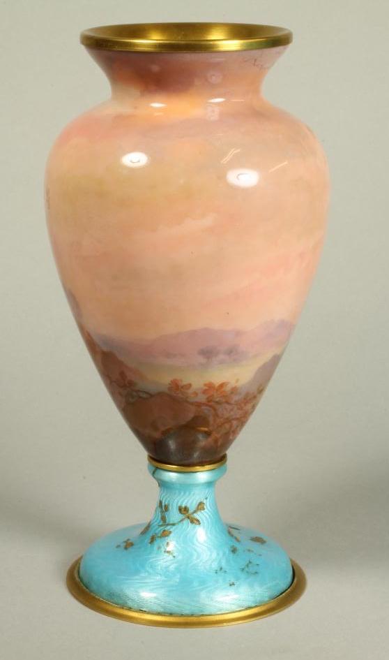 A LIMOGES ENAMEL VASE, 20th century, of ovoid form with flared rim, painted in colours and with - Image 2 of 4