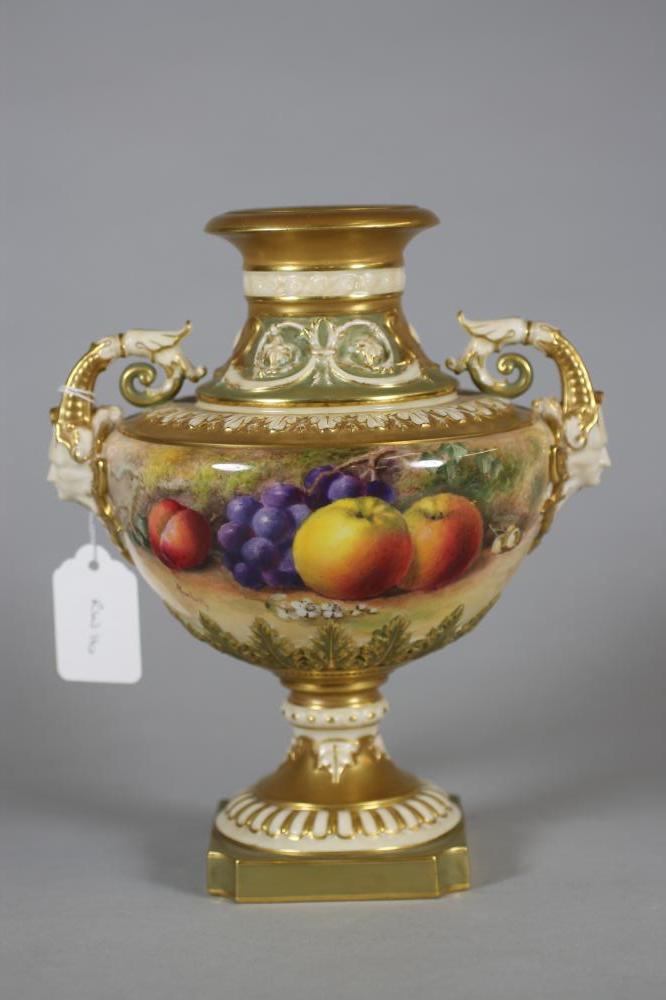 A ROYAL WORCESTER CHINA VASE, 1913, of squat baluster form with stiff leaf and scroll moulded - Image 2 of 6