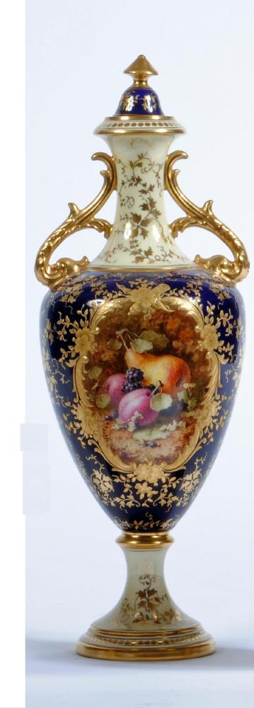 A COALPORT CHINA VASE AND COVER, early 20th century, of ovoid form with high waisted neck and two