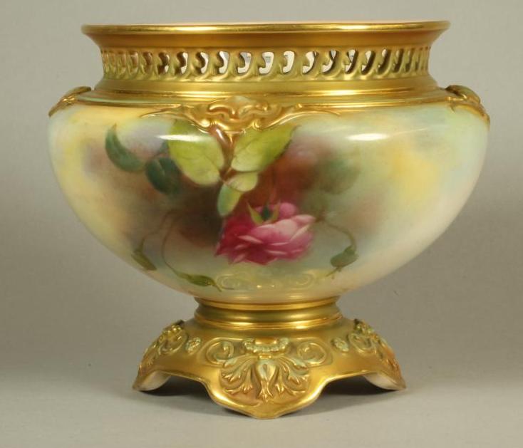 A ROYAL WORCESTER CHINA CACHE-POT, 1911, of squat globular form with wave pierced rim, painted in - Image 2 of 4