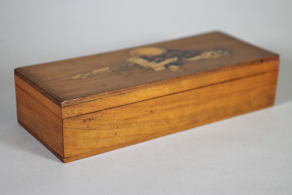 A PRISONER OF WAR MAHOGANY BOX, 1919, of plain oblong form, the hinged cover inlaid in a light - Image 5 of 6