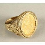 A GEORGE V GOLD SOVEREIGN, 1927, loose mounted in 9ct gold as a gentleman's ring, 14.5g gross