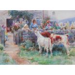 WILLIAM GILBERT FOSTER R.B.A. (1855-1906), Mother and Child in a Cottage Garden stroking the Calves,