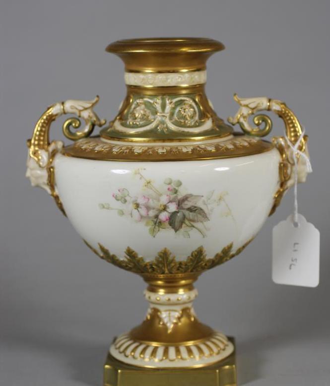 A ROYAL WORCESTER CHINA VASE, 1913, of squat baluster form with stiff leaf and scroll moulded - Image 3 of 6