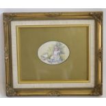 ETHELINE EVA DELL (1885-1923), Girl with Duck, watercolour, signed oval, 3 3/4" x 4 1/2", gilt