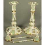 A PAIR OF HALCYON DAYS BILSTON ENAMEL TAPERSTICKS, modern, the fixed shaped drip pans issuing from