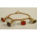 A 9CT GOLD HOLLOW CURB LINK CHAIN BRACELET, hung with four 19th century and later hardstone set