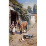 EDWIN BOTTOMLEY A.R. CAM A. (1865-1929), Farmyard Scene with Figure, Horse and Chickens, watercolour
