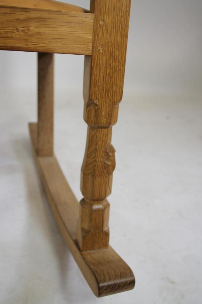 A ROBERT THOMPSON OAK ROCKING CHAIR, the tapering back with straight top rail over two pierced - Image 3 of 3