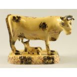 AN ENGLISH BUFF GLAZED EARTHENWARE MODEL OF A COW AND CALF, early 19th century, the horned cow