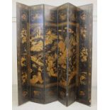 A CHINESE BLACK LACQUERED SIX FOLD SCREEN, 19th century, of oblong form painted and gilded to one