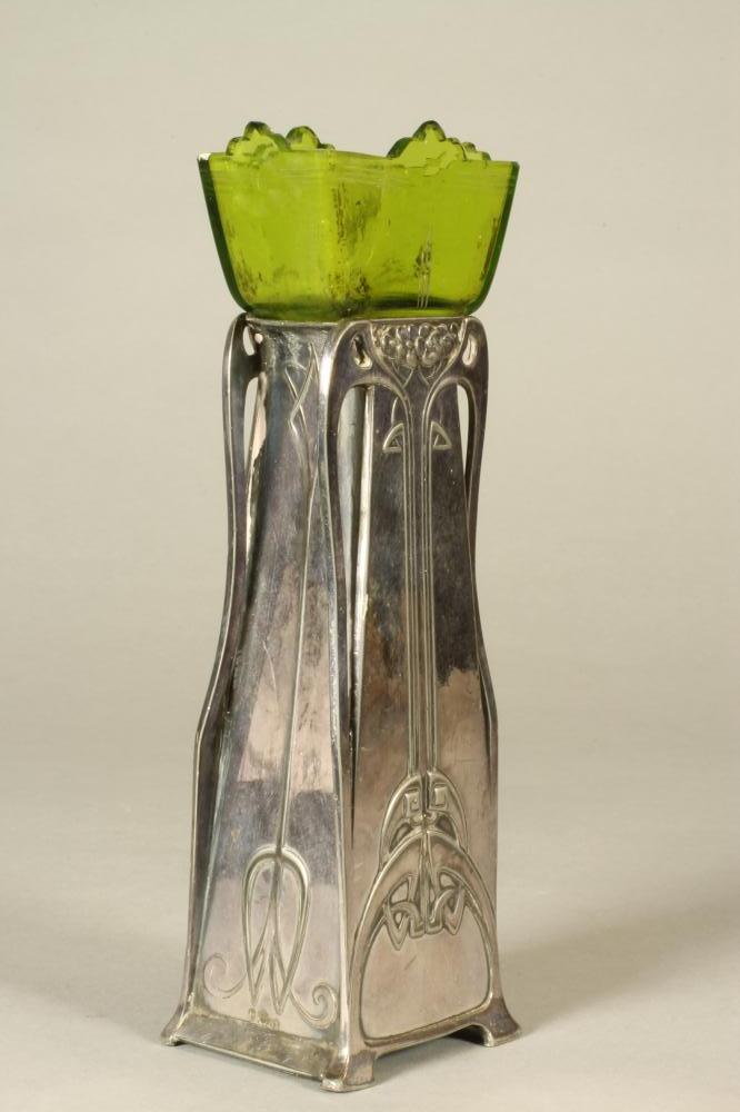 AN ART NOUVEAU WMF VASE of shaped oblong section, the four whiplash handles cast in relief with - Image 2 of 6