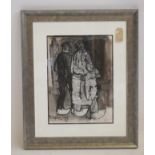 GEOFFREY KEY (b.1941), "Two Farmers, Alkmaar", monoprint and wash, signed and dated (19)73,