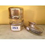 Silver nail buffer in cut class dish and silver topped scent bottle with snake decoration a/f