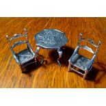 Miniature French embossed silver table and 2 chairs import