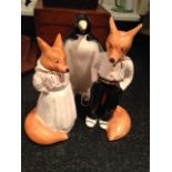 Three pcs, Garden House pottery , 2 foxes and a penguin
