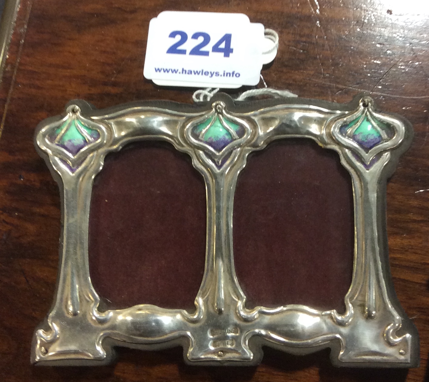 Small Art Nouveau style enamelled sterling silver double photo frame