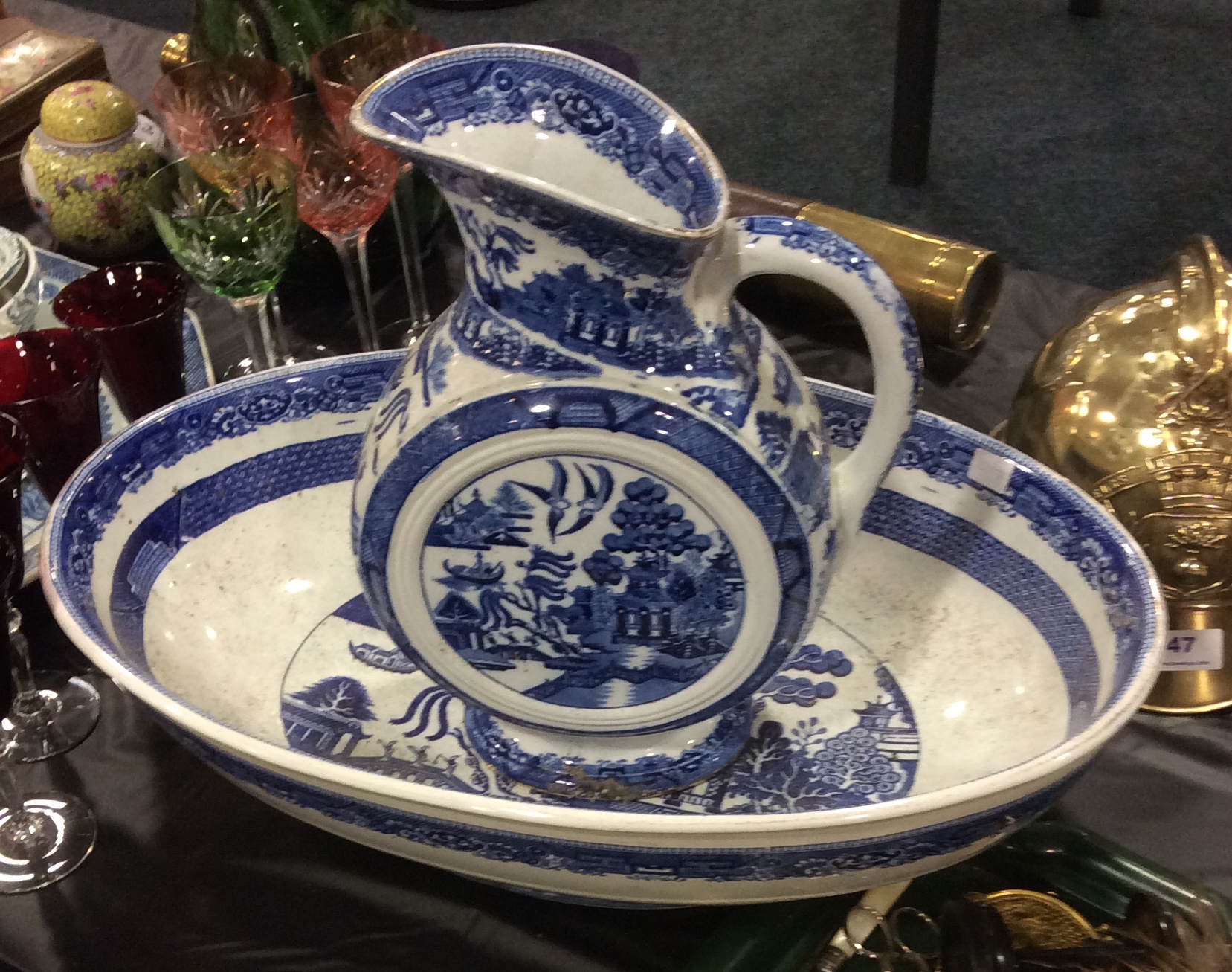 Unusual Victorian oval blue and white jug and bowl