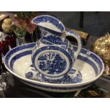Unusual Victorian oval blue and white jug and bowl