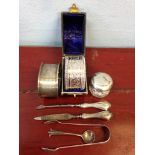 Various silver items x7 inc. 2 napkin rings, tongs etc.