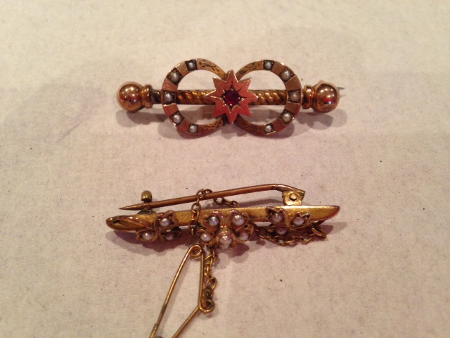 Two 19th c 9ct gold and seed pearl bar brooches