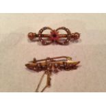 Two 19th c 9ct gold and seed pearl bar brooches