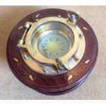 Ludolph brass ship's compass mounted on inlaid mahogany stand