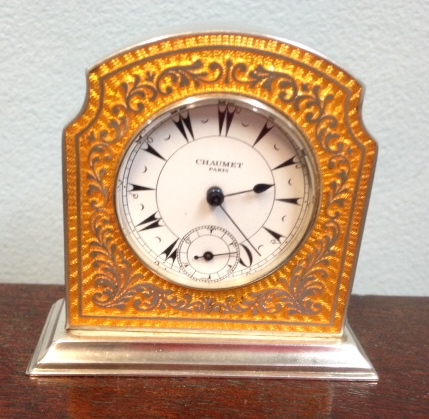 Enamelled silver miniature mantle clock by Chaumet Paris marked 935