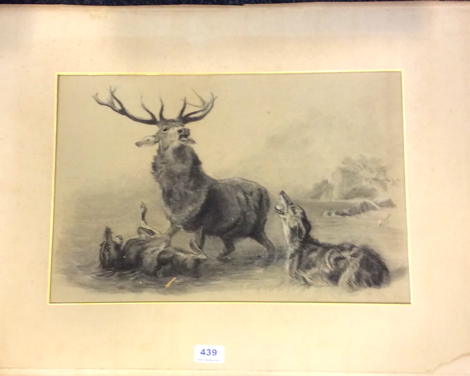 Good pencil sketch of stag at bay indistintly signed