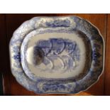 Well and tree blue and white platter by J & M P Bell of Glagow c1860