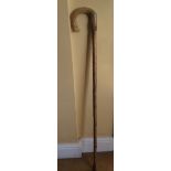 Vintage ram's horn handled hazel crook with thistle finial 113cms high
