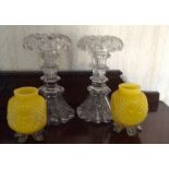 Two glass lustres and two yellow glass vases
