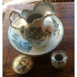 A 19thc wash bowl, jug, soap dish, and tooth holder