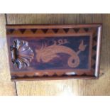 Good quality 19th c work/games box with carved shell and dolphin motif 25cm long