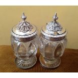 Pair London 1827 silver mounted glass mustard and pepper pots with restoration