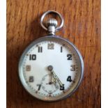 WWII military issue stainless steel cased pocket watch, heavy wear to the case, in working order