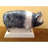 A Rye pottery Saddleback boar with grey sponged decoration on a rectangular plinth 15cms long