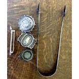 Five pieces silver inc. 18th c bright cut sugar tongs etc.